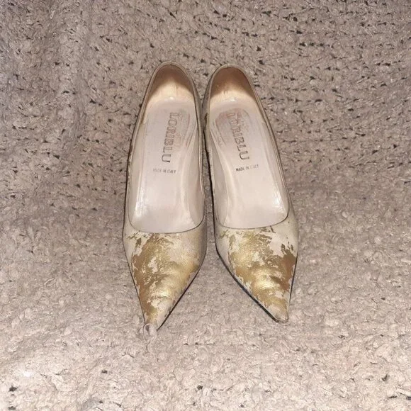 LORIBLU-Burn-Out Gold Nubuck/Leather-Distressed-Ombre Stiletto-Sz 39.5-Excellent - Picture 3 of 7